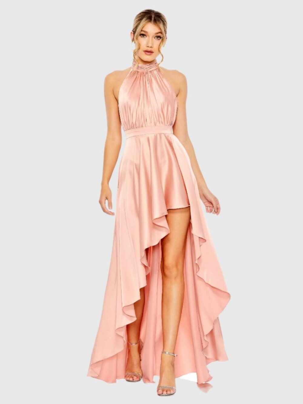 Mac Duggal Pink High Neck Satin High Low Gown Dress